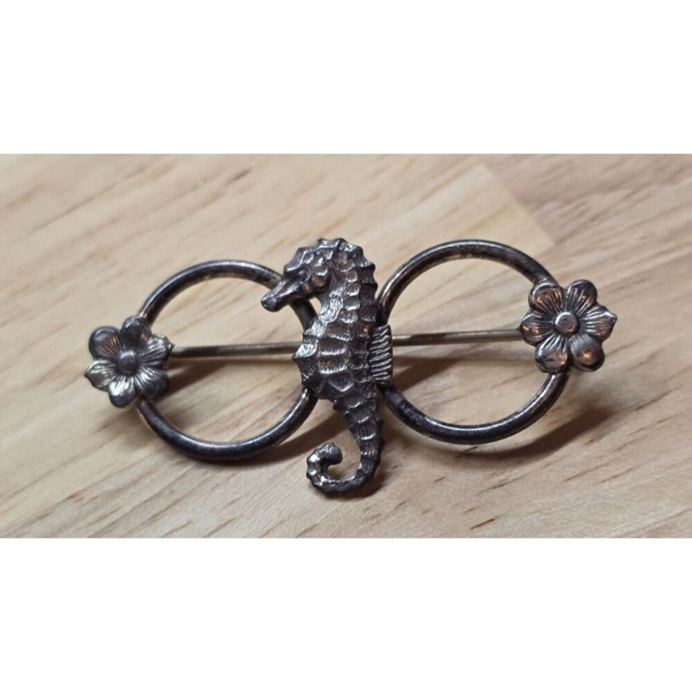 Vintage KJM Co Seahorse and Flowers Brooch - Rare Design - Sterling Silver